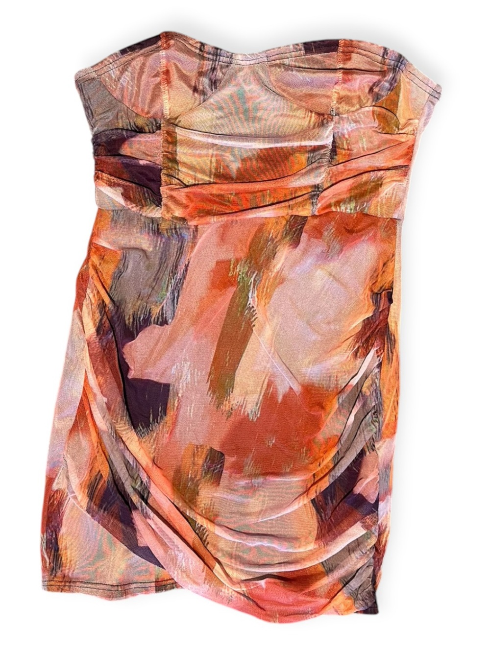 PLT Strapless Orange Abstract Bandeau Ruched Bodycon Dress 10